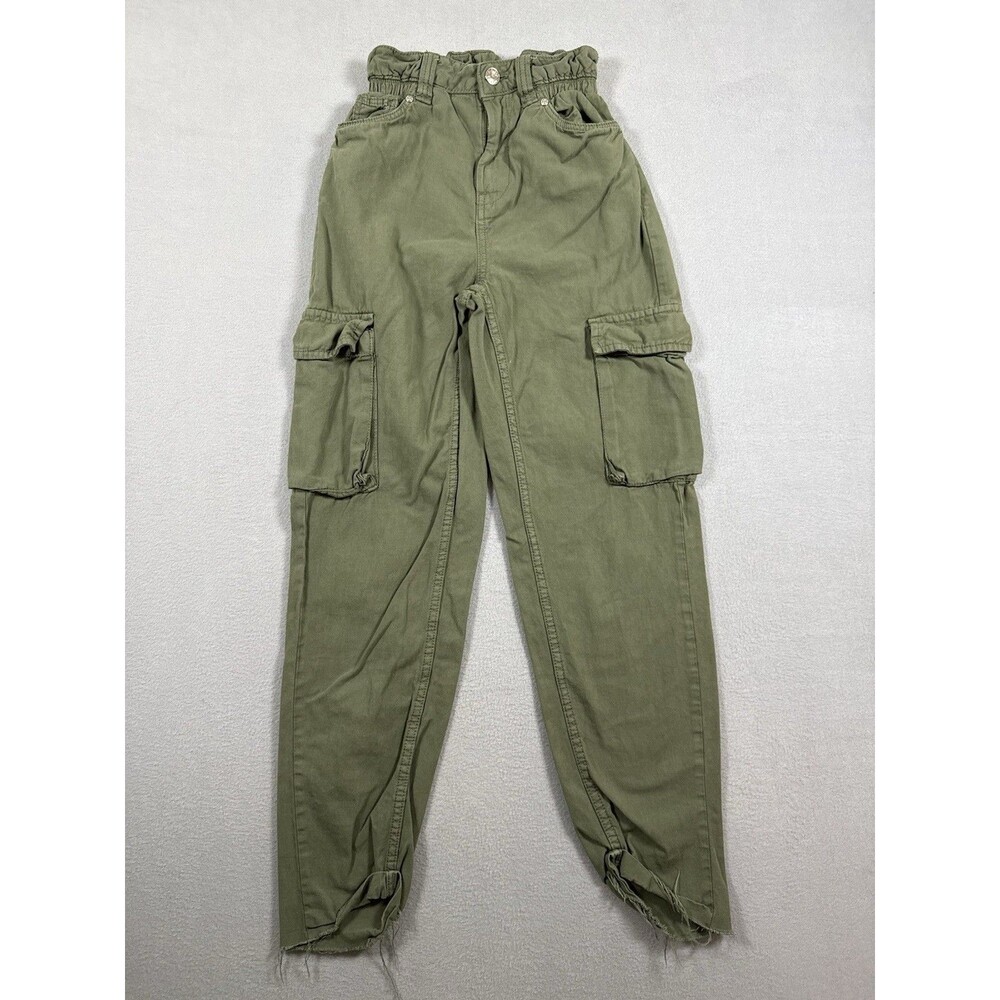 Bershka Women’s Sz 00 XS Olive Green Cargo Pants Straight Raw Hem Paperbag